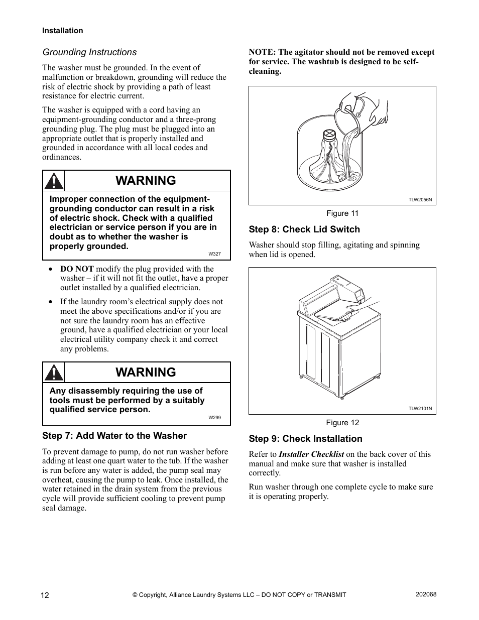 Warning | Alliance Laundry Systems TLW12CTLW12C User Manual | Page 14 / 26