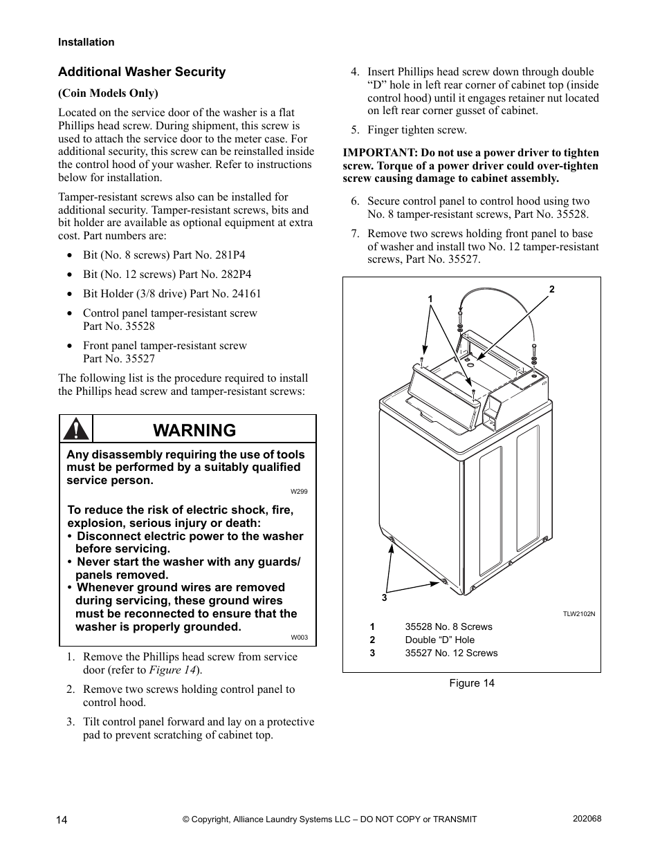 Additional washer security, Warning | Alliance Laundry Systems TLW12CTLW12C User Manual | Page 16 / 26