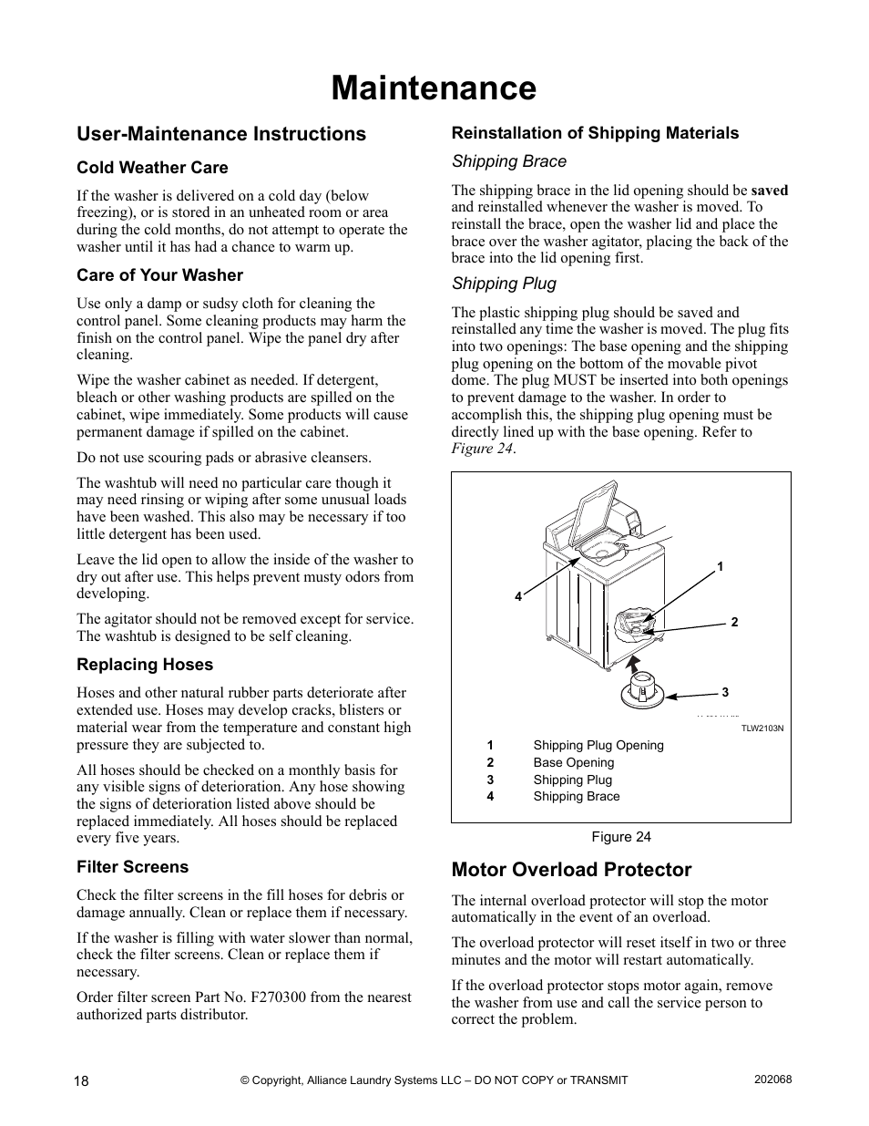 Maintenance, User-maintenance instructions, Motor overload protector | Alliance Laundry Systems TLW12CTLW12C User Manual | Page 20 / 26