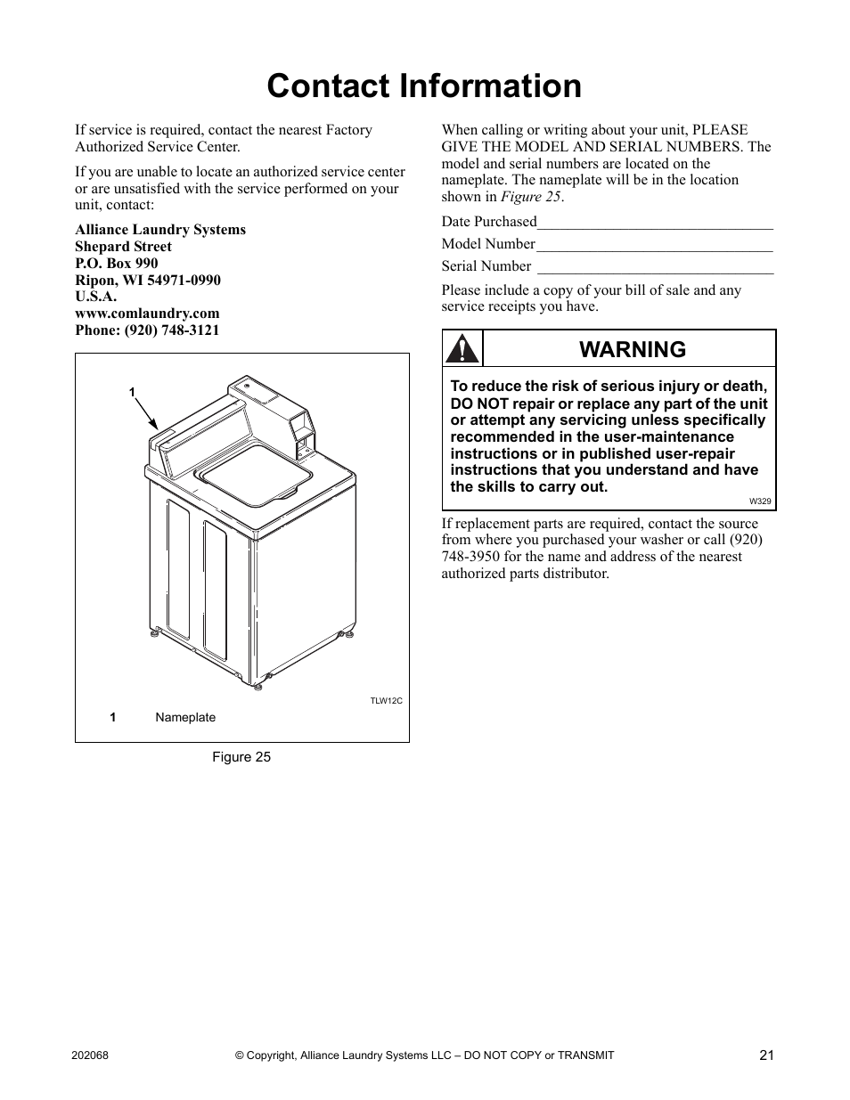 Contact information, Warning | Alliance Laundry Systems TLW12CTLW12C User Manual | Page 23 / 26