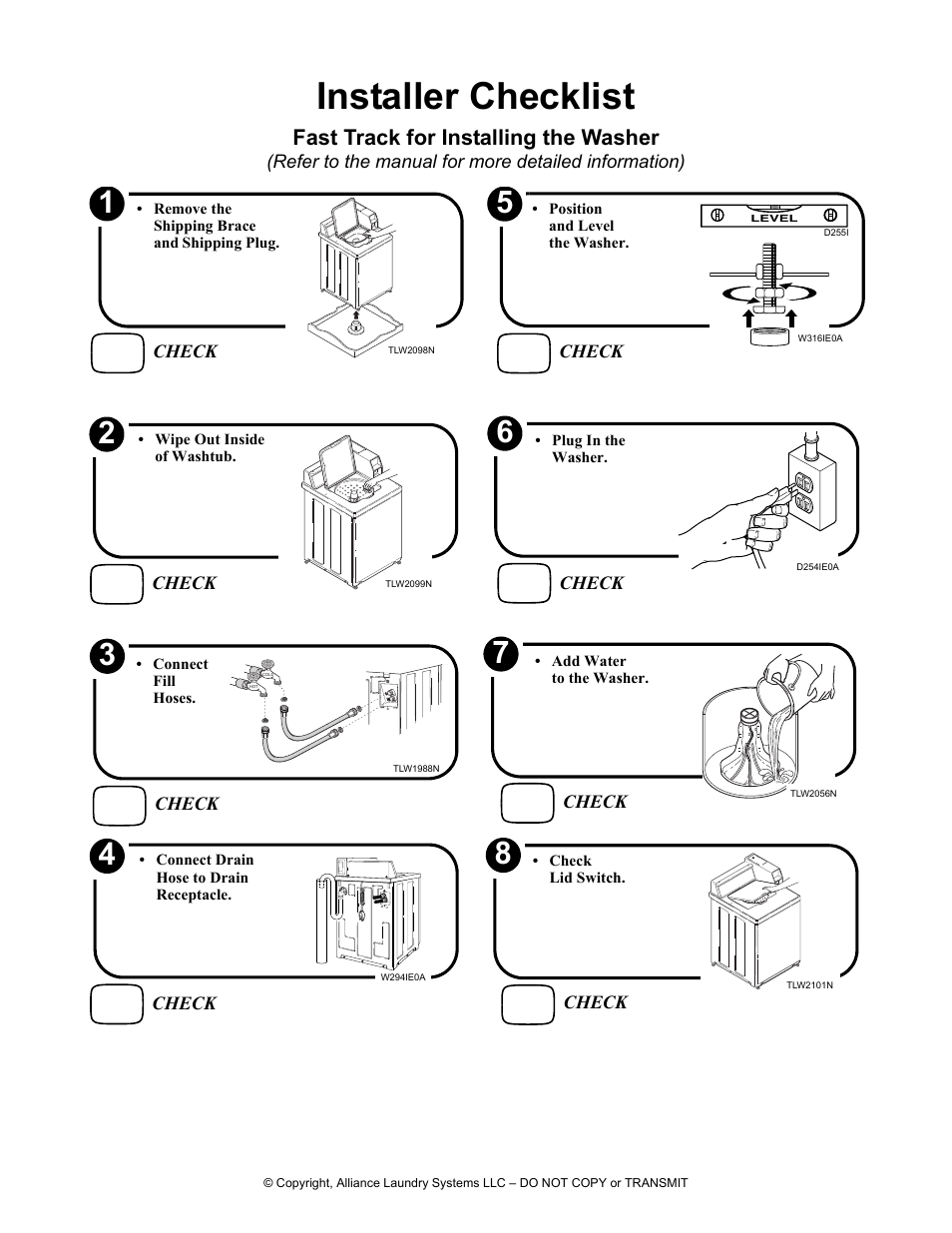 Installer checklist, Fast track for installing the washer | Alliance Laundry Systems TLW12CTLW12C User Manual | Page 26 / 26