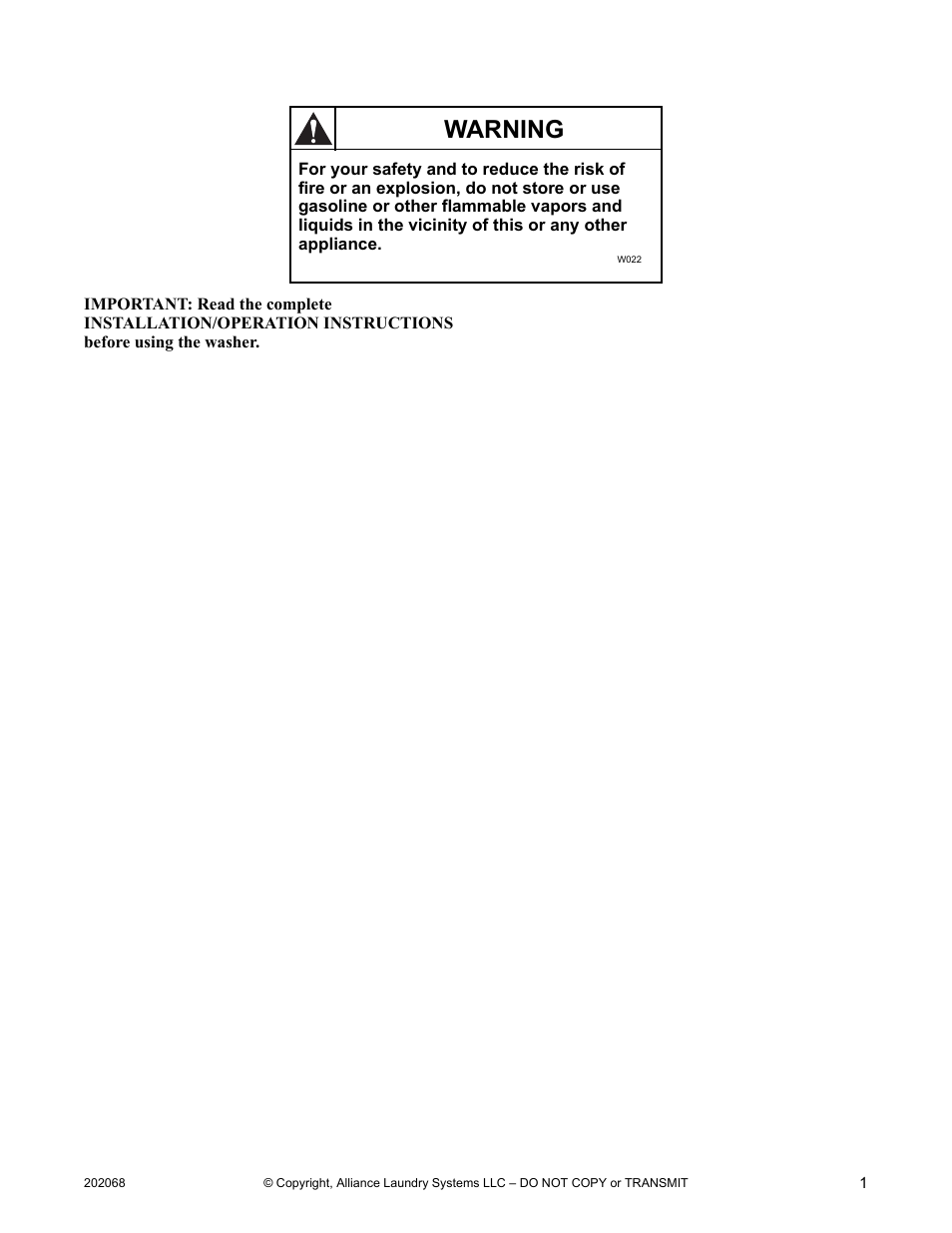 Warning | Alliance Laundry Systems TLW12CTLW12C User Manual | Page 3 / 26