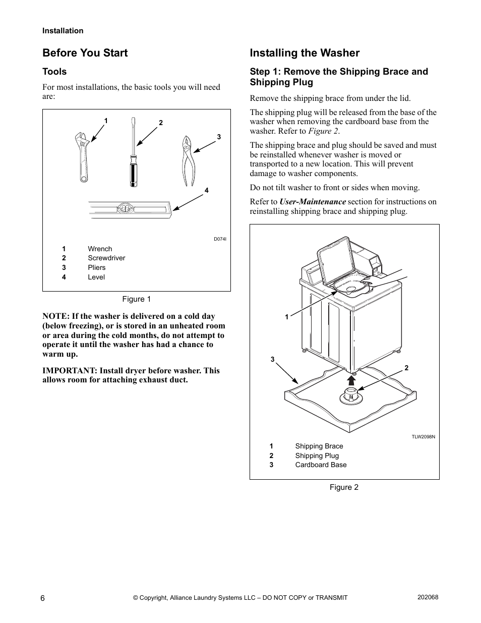 Before you start, Tools, Installing the washer | Alliance Laundry Systems TLW12CTLW12C User Manual | Page 8 / 26