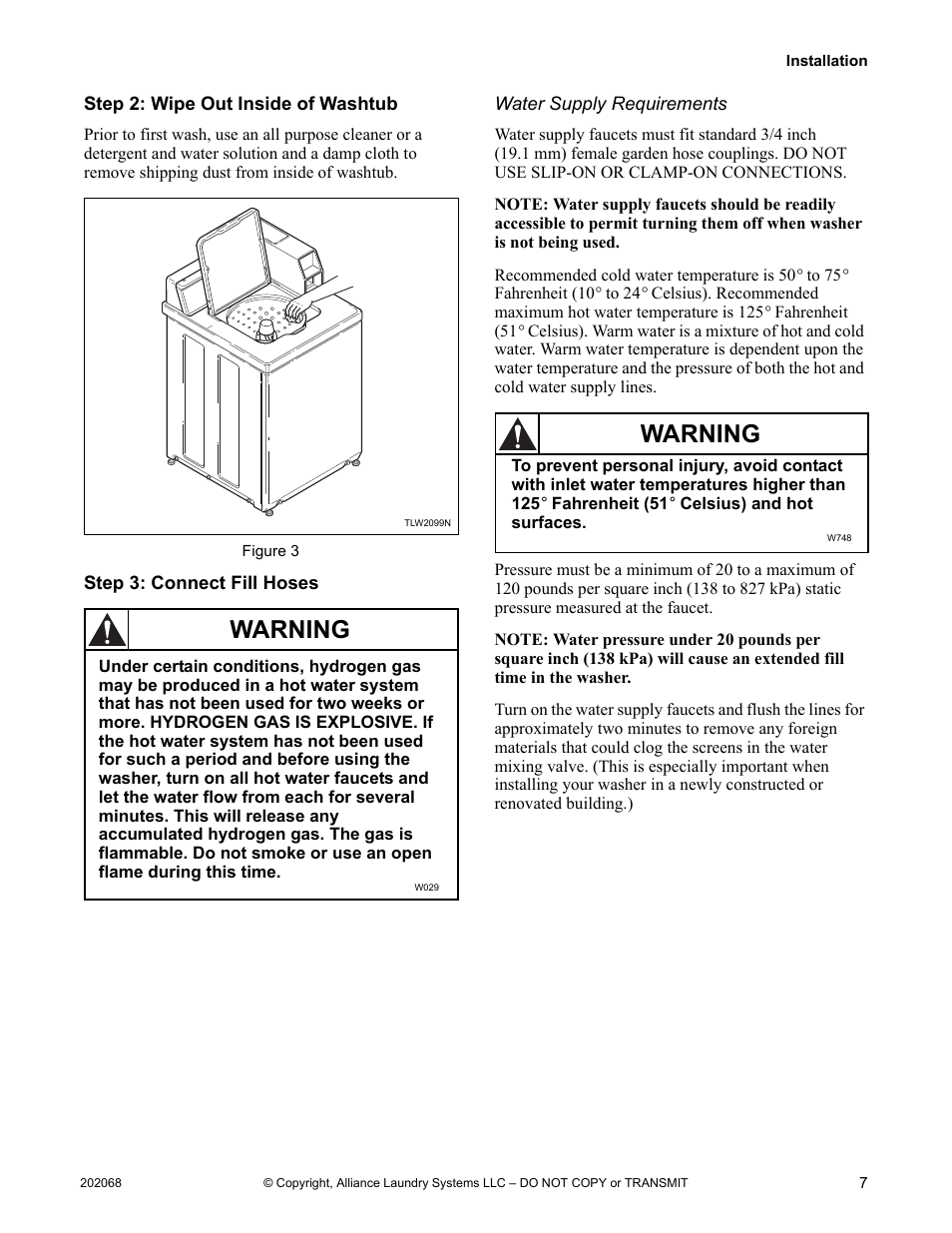 Step 2: wipe out inside of washtub, Step 3: connect fill hoses, Warning | Alliance Laundry Systems TLW12CTLW12C User Manual | Page 9 / 26