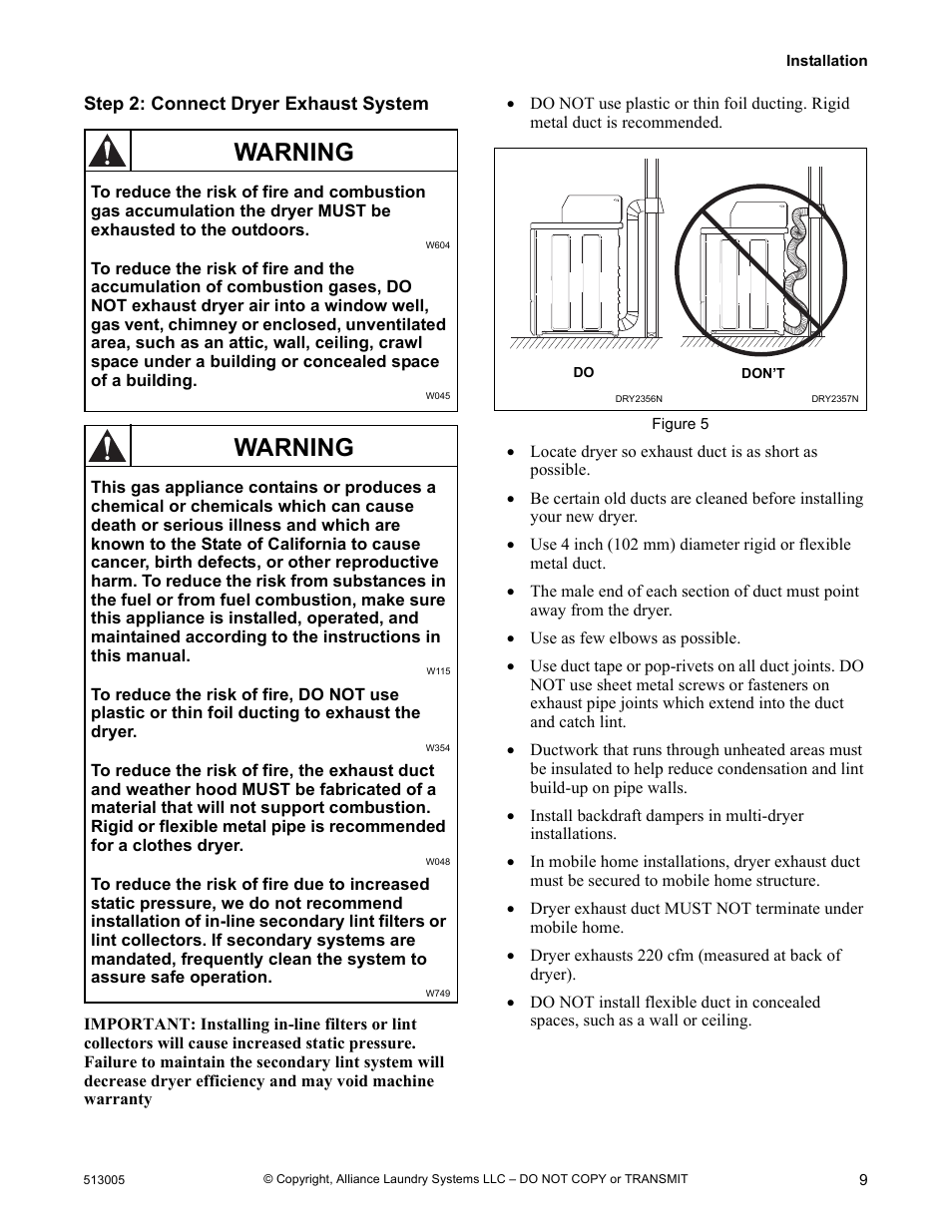 Warning | Alliance Laundry Systems DRY710C User Manual | Page 11 / 36