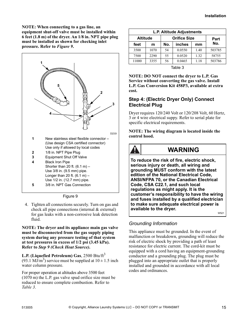 Warning | Alliance Laundry Systems DRY710C User Manual | Page 17 / 36