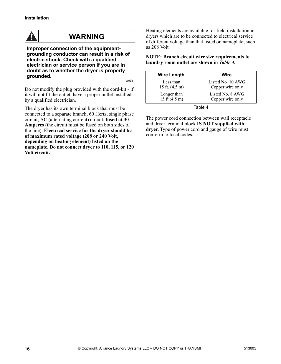 Warning | Alliance Laundry Systems DRY710C User Manual | Page 18 / 36