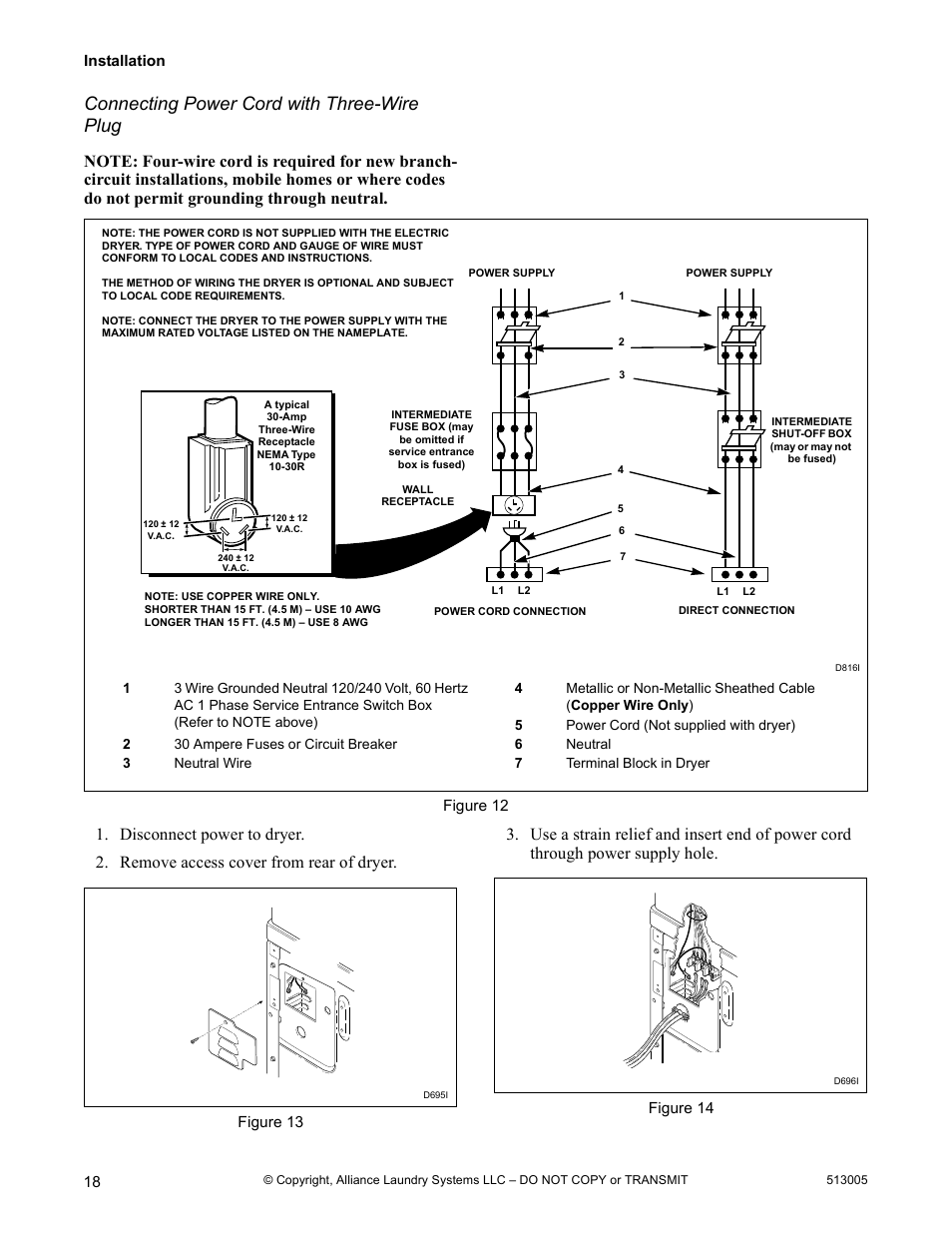 Connecting power cord with three-wire plug | Alliance Laundry Systems DRY710C User Manual | Page 20 / 36