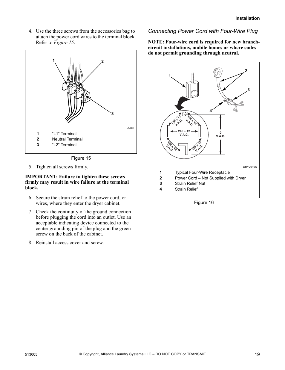 Connecting power cord with four-wire plug | Alliance Laundry Systems DRY710C User Manual | Page 21 / 36