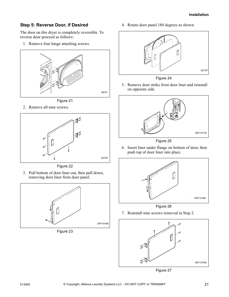 Step 5: reverse door, if desired | Alliance Laundry Systems DRY710C User Manual | Page 23 / 36