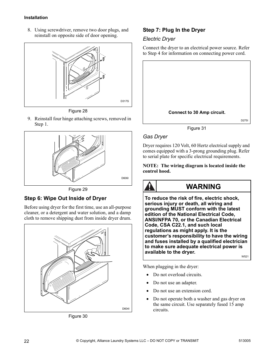 Warning | Alliance Laundry Systems DRY710C User Manual | Page 24 / 36