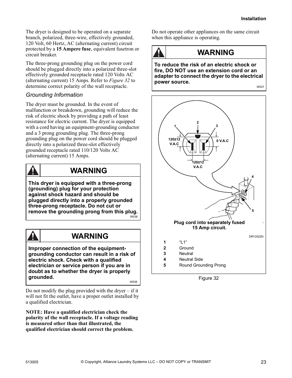 Warning | Alliance Laundry Systems DRY710C User Manual | Page 25 / 36