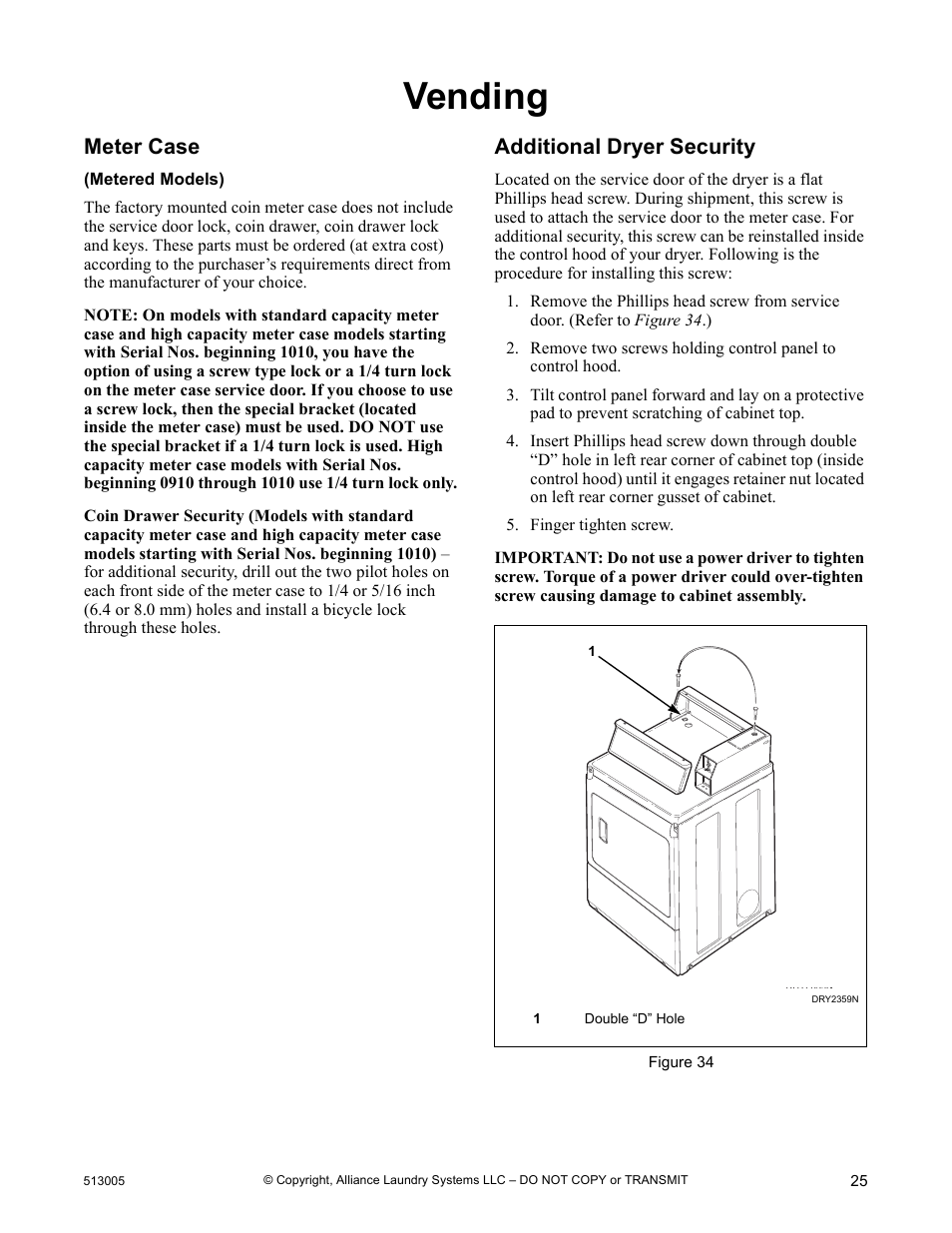 Vending, Meter case, Additional dryer security | Alliance Laundry Systems DRY710C User Manual | Page 27 / 36