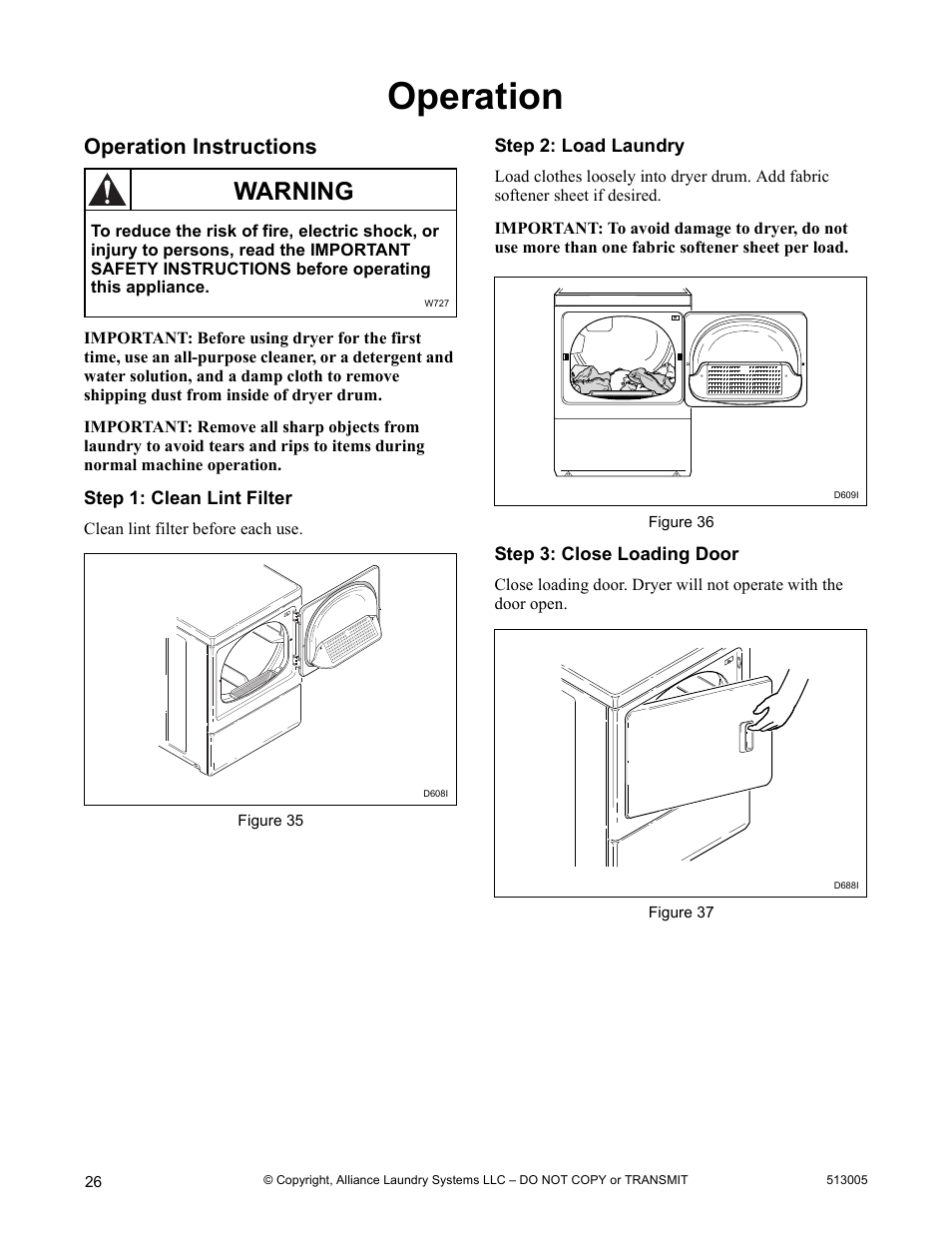 Operation, Warning, Operation instructions | Alliance Laundry Systems DRY710C User Manual | Page 28 / 36