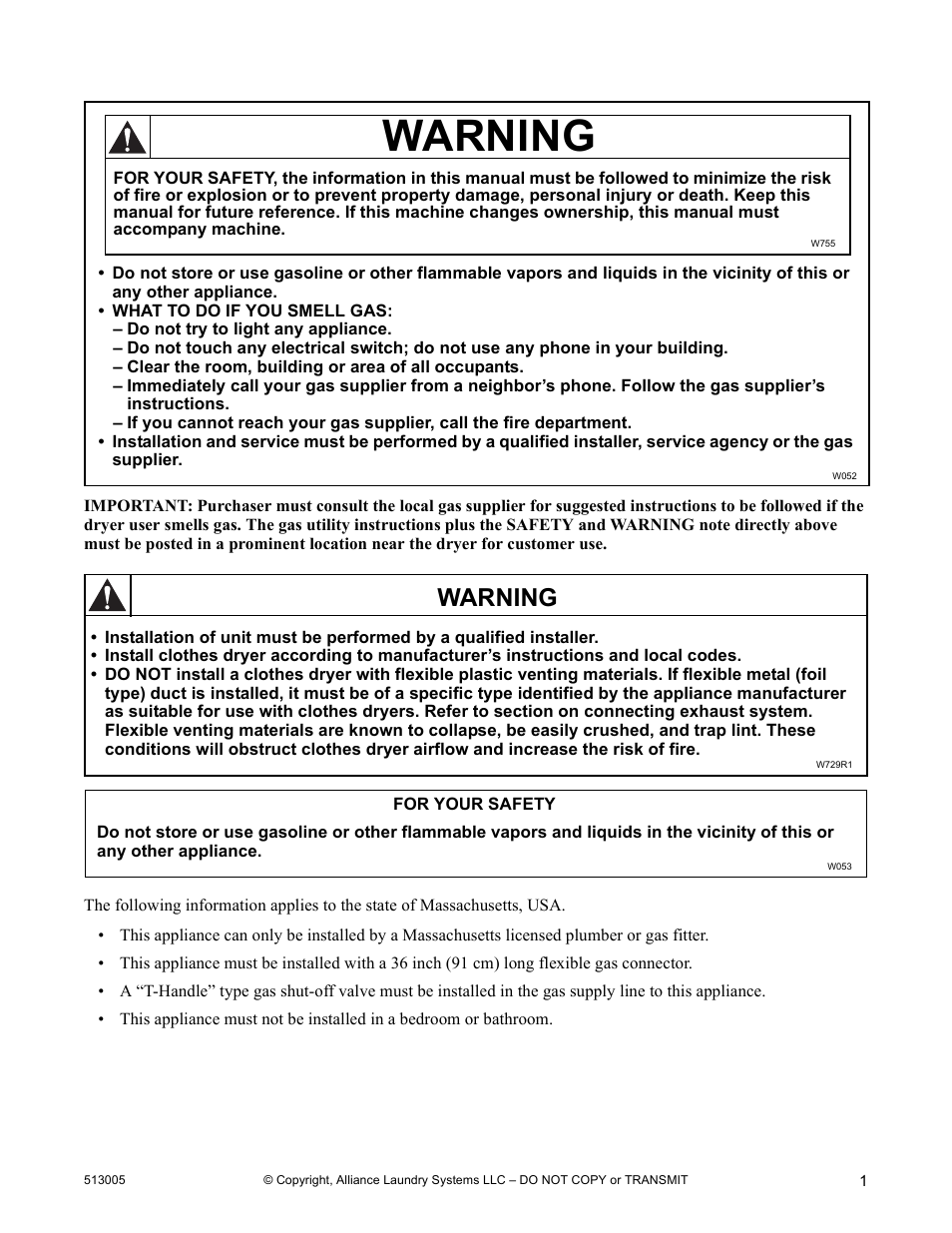 Warning | Alliance Laundry Systems DRY710C User Manual | Page 3 / 36