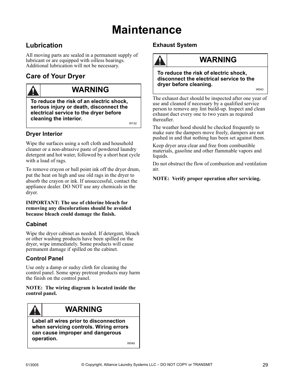 Maintenance, Warning, Lubrication | Care of your dryer | Alliance Laundry Systems DRY710C User Manual | Page 31 / 36