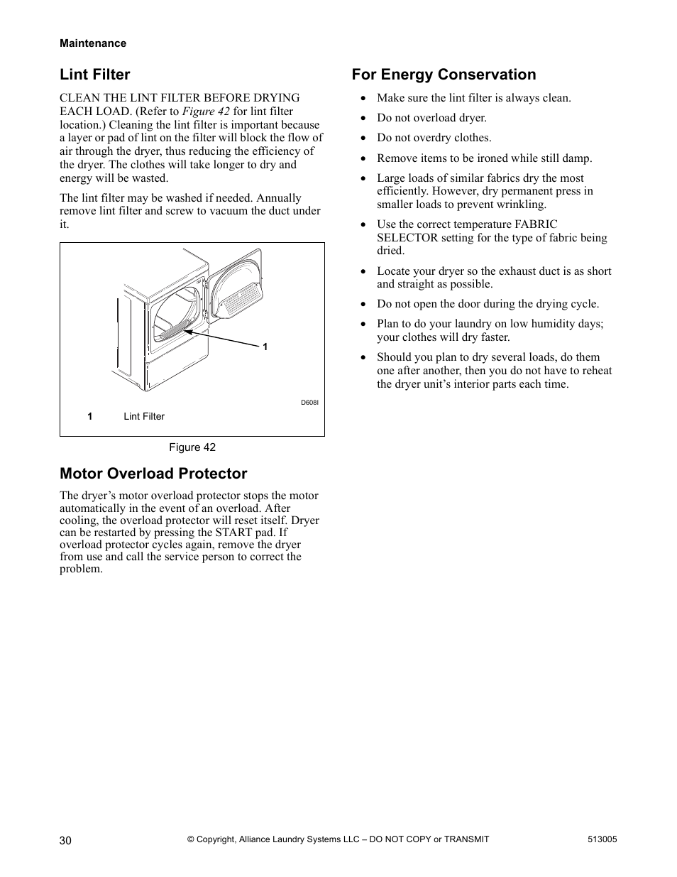 Lint filter, Motor overload protector, For energy conservation | Alliance Laundry Systems DRY710C User Manual | Page 32 / 36