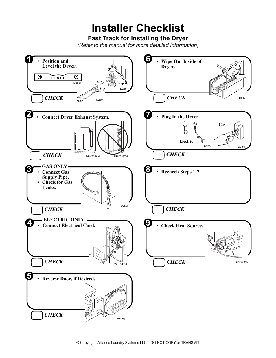 Installer checklist, Fast track for installing the dryer | Alliance Laundry Systems DRY710C User Manual | Page 36 / 36