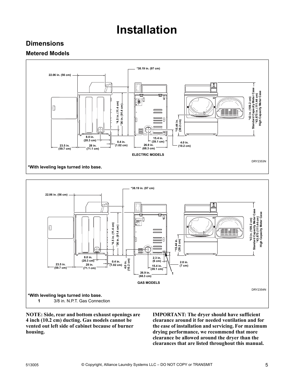 Installation, Dimensions, Metered models | With leveling legs turned into base | Alliance Laundry Systems DRY710C User Manual | Page 7 / 36