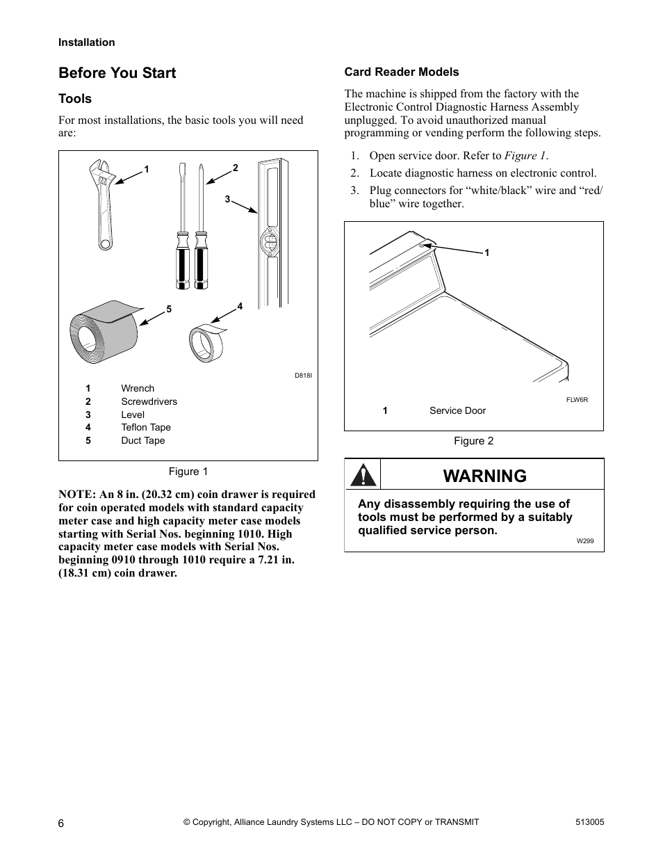 Warning, Before you start | Alliance Laundry Systems DRY710C User Manual | Page 8 / 36