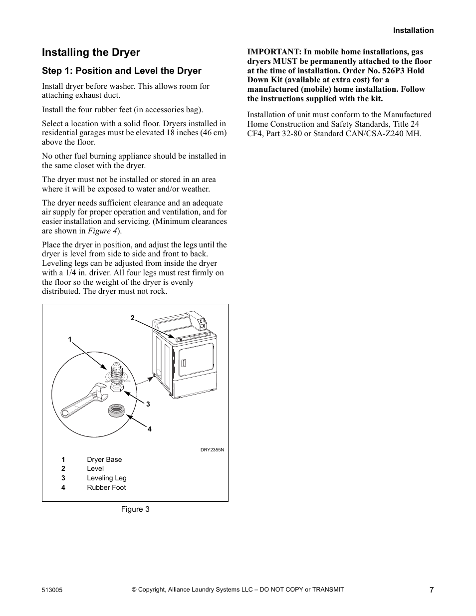 Installing the dryer | Alliance Laundry Systems DRY710C User Manual | Page 9 / 36