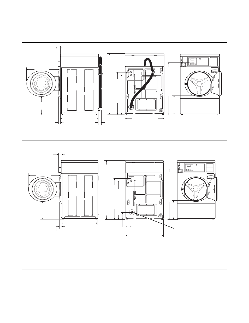 Installation, Dimensions and specifications, Models equipped with drain hose | Models with gravity drain | Alliance Laundry Systems FLW1525C User Manual | Page 7 / 28