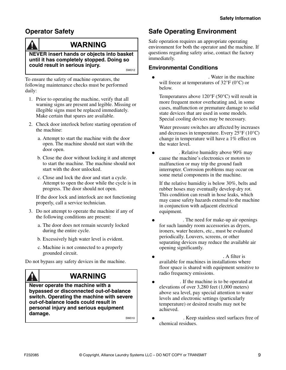 Operator safety, Safe operating environment, Environmental conditions | Warning | Alliance Laundry Systems UW POCKET HARDMOUNT UW35B2 User Manual | Page 11 / 40