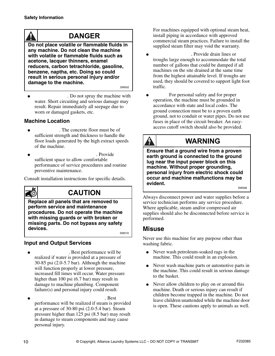 Machine location input and output services, Misuse, Danger | Caution, Warning | Alliance Laundry Systems UW POCKET HARDMOUNT UW35B2 User Manual | Page 12 / 40