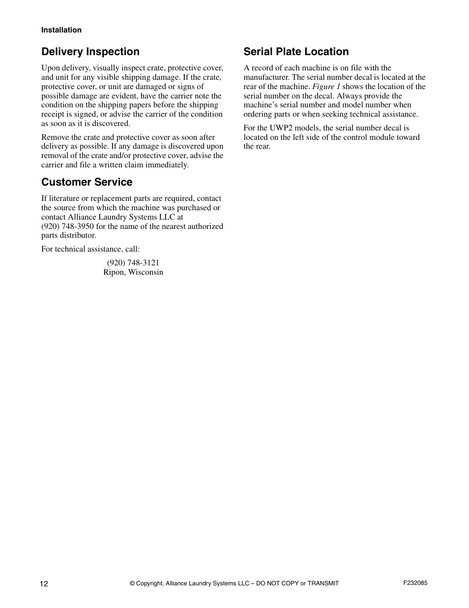 Delivery inspection, Customer service, Serial plate location | Alliance Laundry Systems UW POCKET HARDMOUNT UW35B2 User Manual | Page 14 / 40