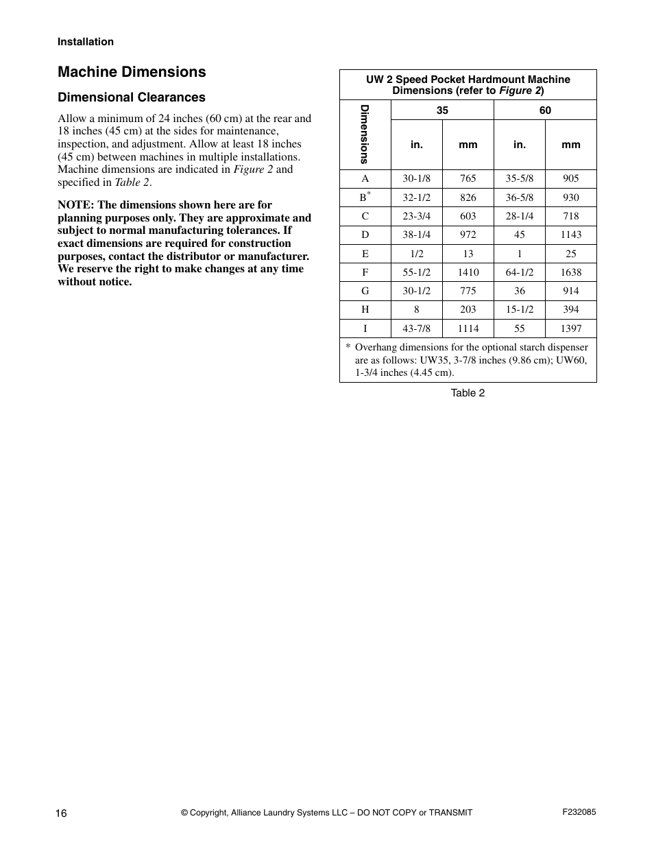 Machine dimensions, Dimensional clearances | Alliance Laundry Systems UW POCKET HARDMOUNT UW35B2 User Manual | Page 18 / 40