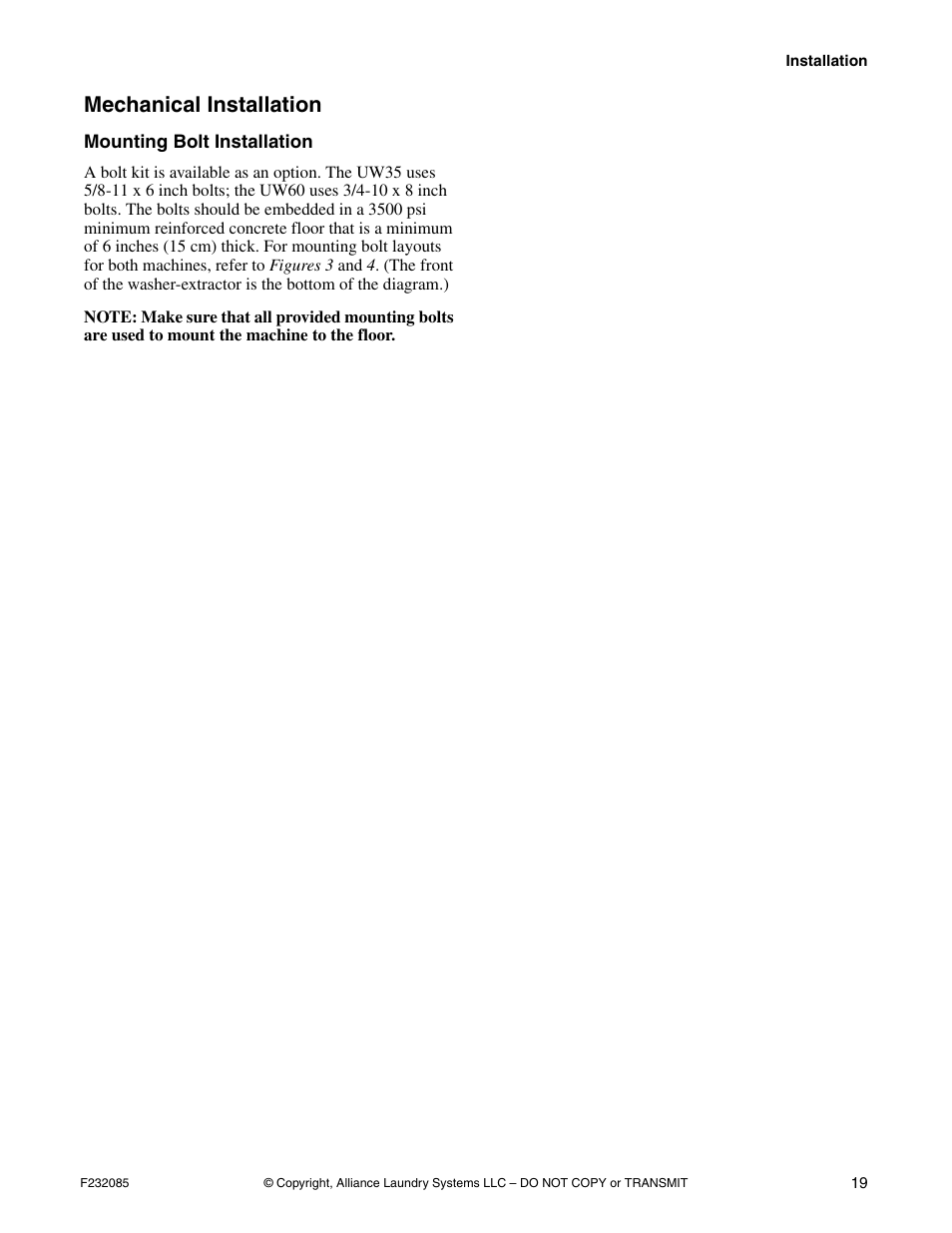 Mechanical installation, Mounting bolt installation | Alliance Laundry Systems UW POCKET HARDMOUNT UW35B2 User Manual | Page 21 / 40