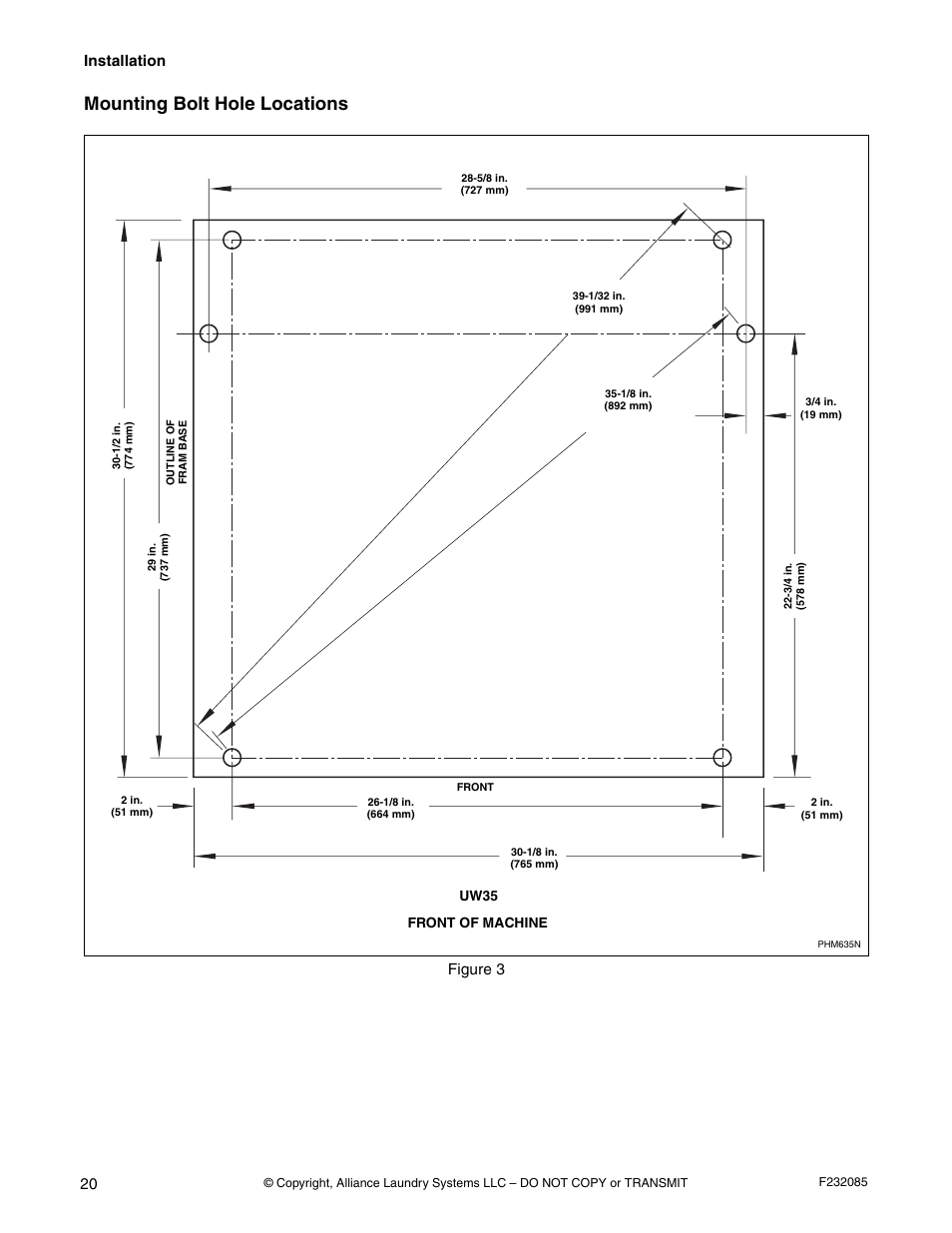 Mounting bolt hole locations, Installation, Figure 3 | Alliance Laundry Systems UW POCKET HARDMOUNT UW35B2 User Manual | Page 22 / 40