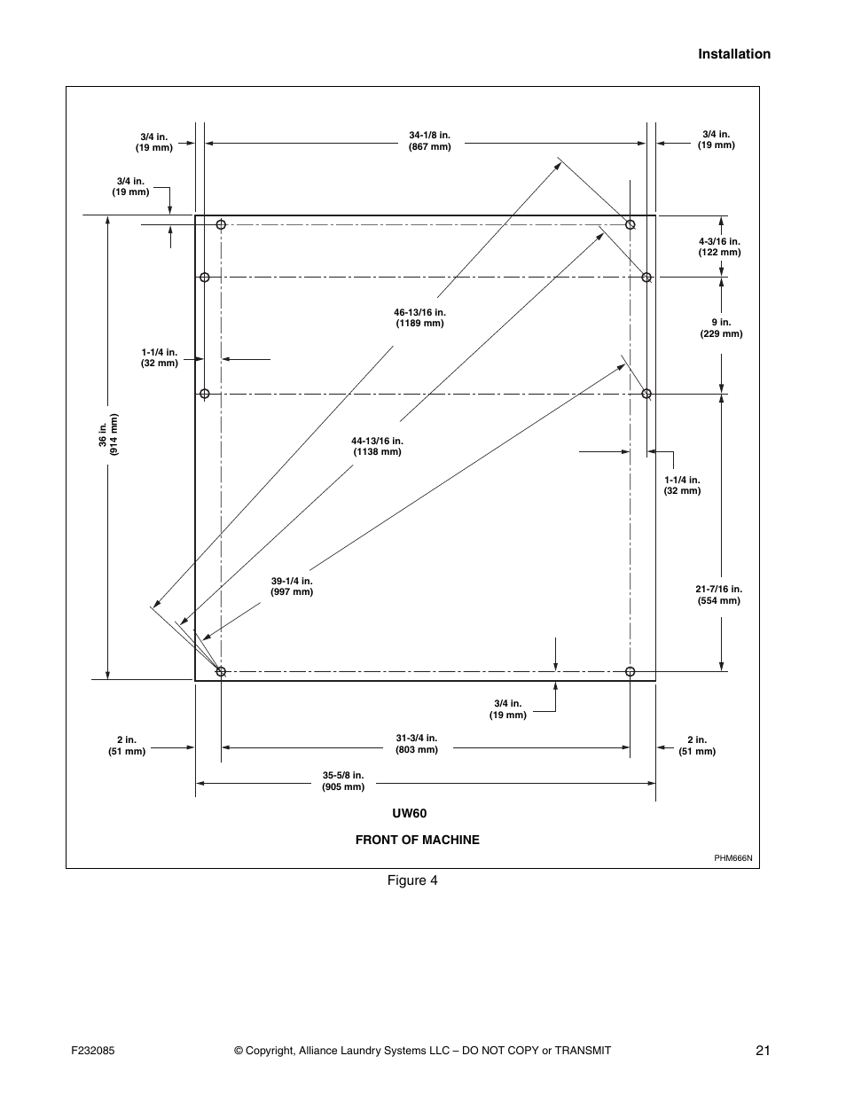 Installation 21, Figure 4, Uw60 | Front of machine | Alliance Laundry Systems UW POCKET HARDMOUNT UW35B2 User Manual | Page 23 / 40