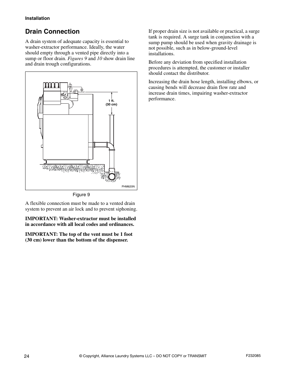 Drain connection | Alliance Laundry Systems UW POCKET HARDMOUNT UW35B2 User Manual | Page 26 / 40