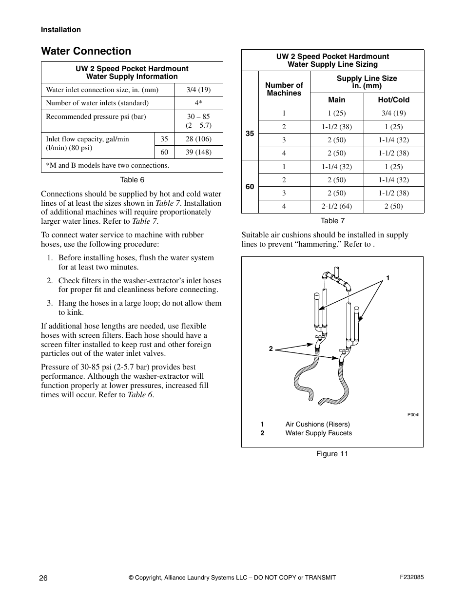 Water connection | Alliance Laundry Systems UW POCKET HARDMOUNT UW35B2 User Manual | Page 28 / 40