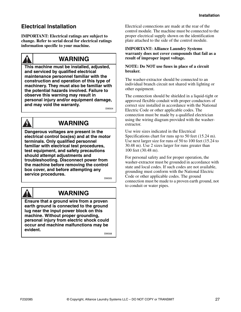 Electrical installation, Warning | Alliance Laundry Systems UW POCKET HARDMOUNT UW35B2 User Manual | Page 29 / 40