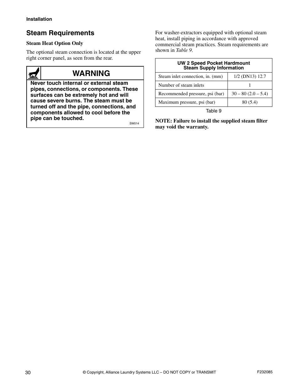 Steam requirements, Warning | Alliance Laundry Systems UW POCKET HARDMOUNT UW35B2 User Manual | Page 32 / 40