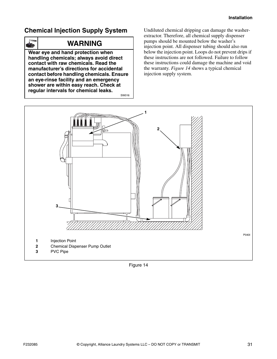 Chemical injection supply system, Warning | Alliance Laundry Systems UW POCKET HARDMOUNT UW35B2 User Manual | Page 33 / 40