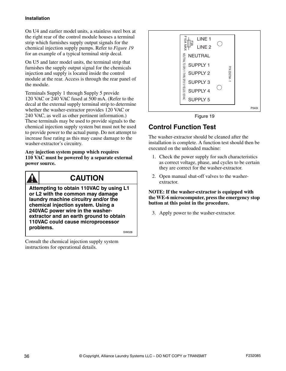 Control function test, Caution | Alliance Laundry Systems UW POCKET HARDMOUNT UW35B2 User Manual | Page 38 / 40