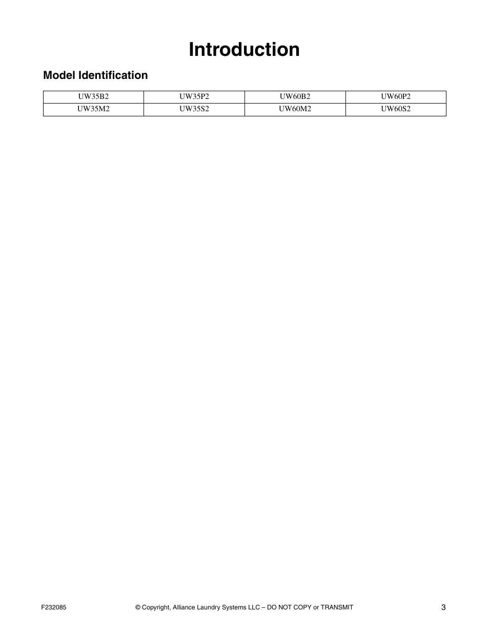 Introduction, Model identification | Alliance Laundry Systems UW POCKET HARDMOUNT UW35B2 User Manual | Page 5 / 40