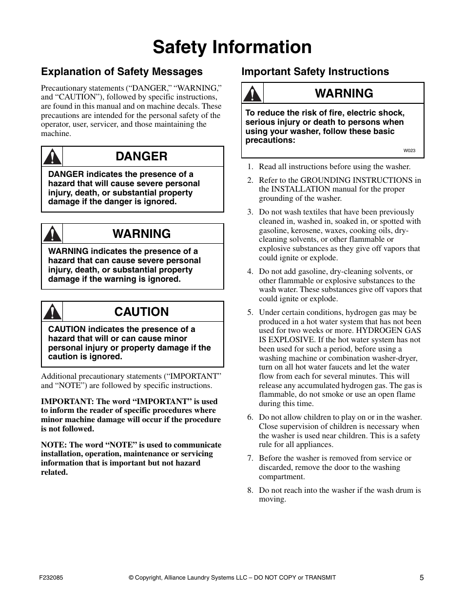 Safety information, Explanation of safety messages, Important safety instructions | Danger, Warning, Caution | Alliance Laundry Systems UW POCKET HARDMOUNT UW35B2 User Manual | Page 7 / 40