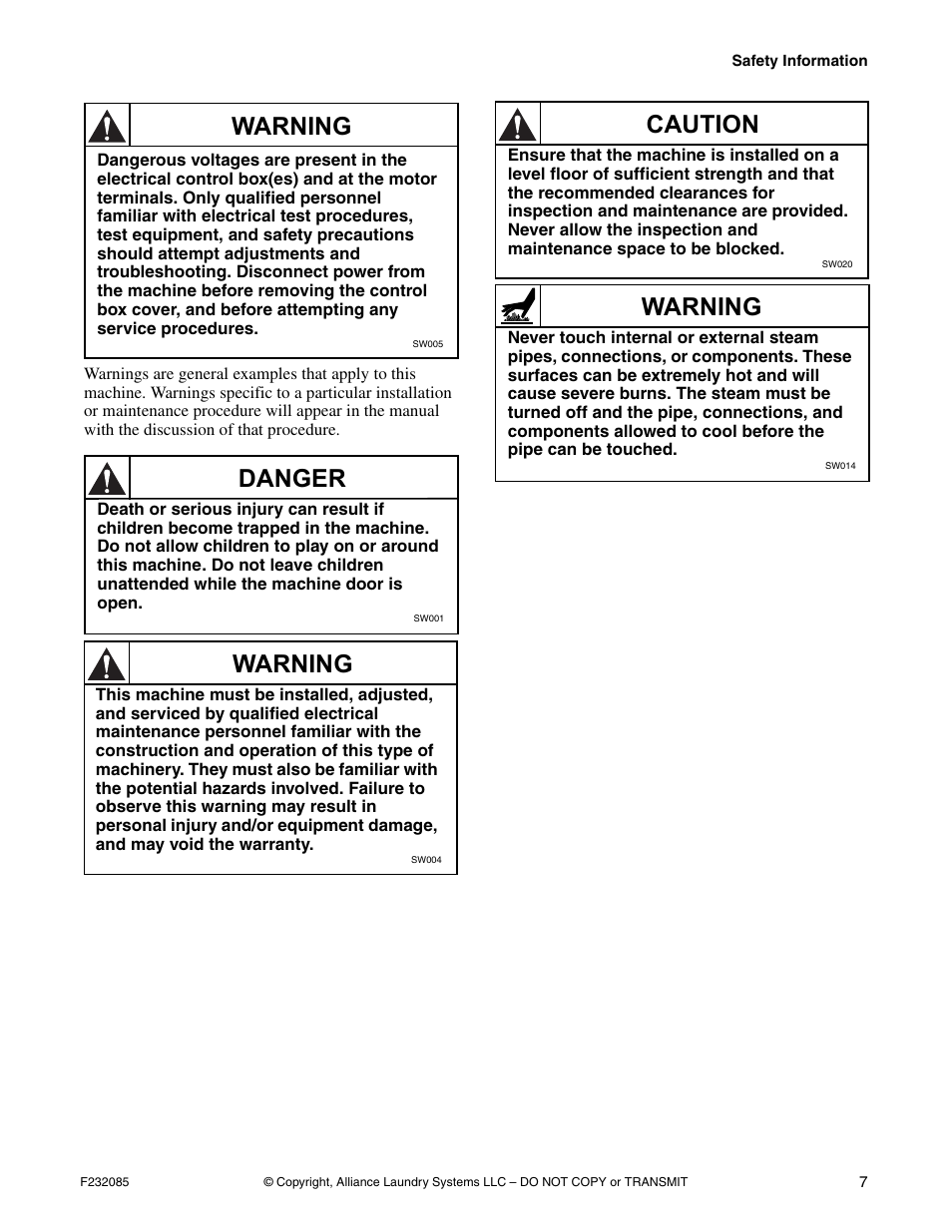 Warning, Danger, Caution | Alliance Laundry Systems UW POCKET HARDMOUNT UW35B2 User Manual | Page 9 / 40