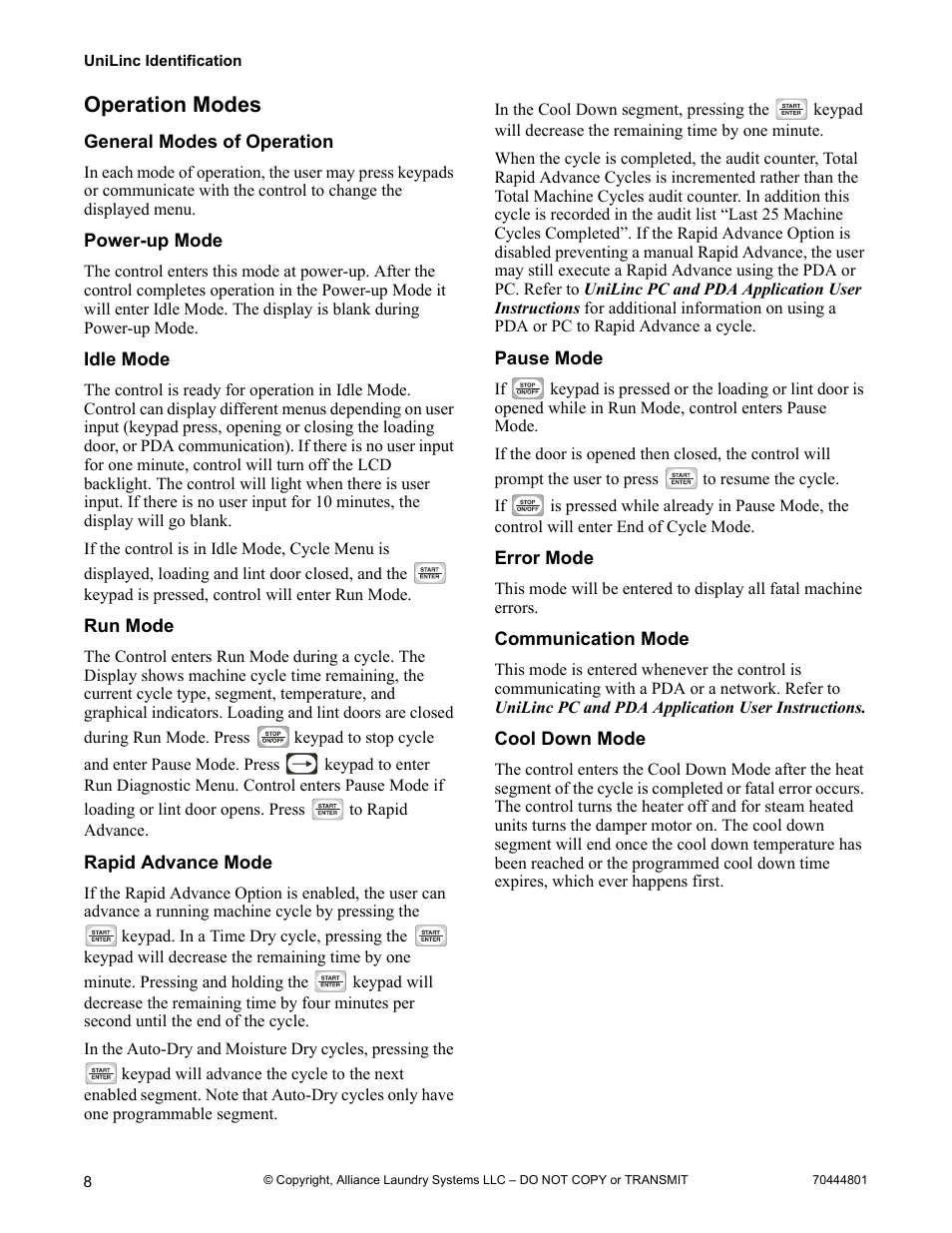 Operation modes, General modes of operation, Power-up mode | Idle mode, Run mode, Rapid advance mode, Pause mode, Error mode, Communication mode, Cool down mode | Alliance Laundry Systems TMB1276C User Manual | Page 10 / 48