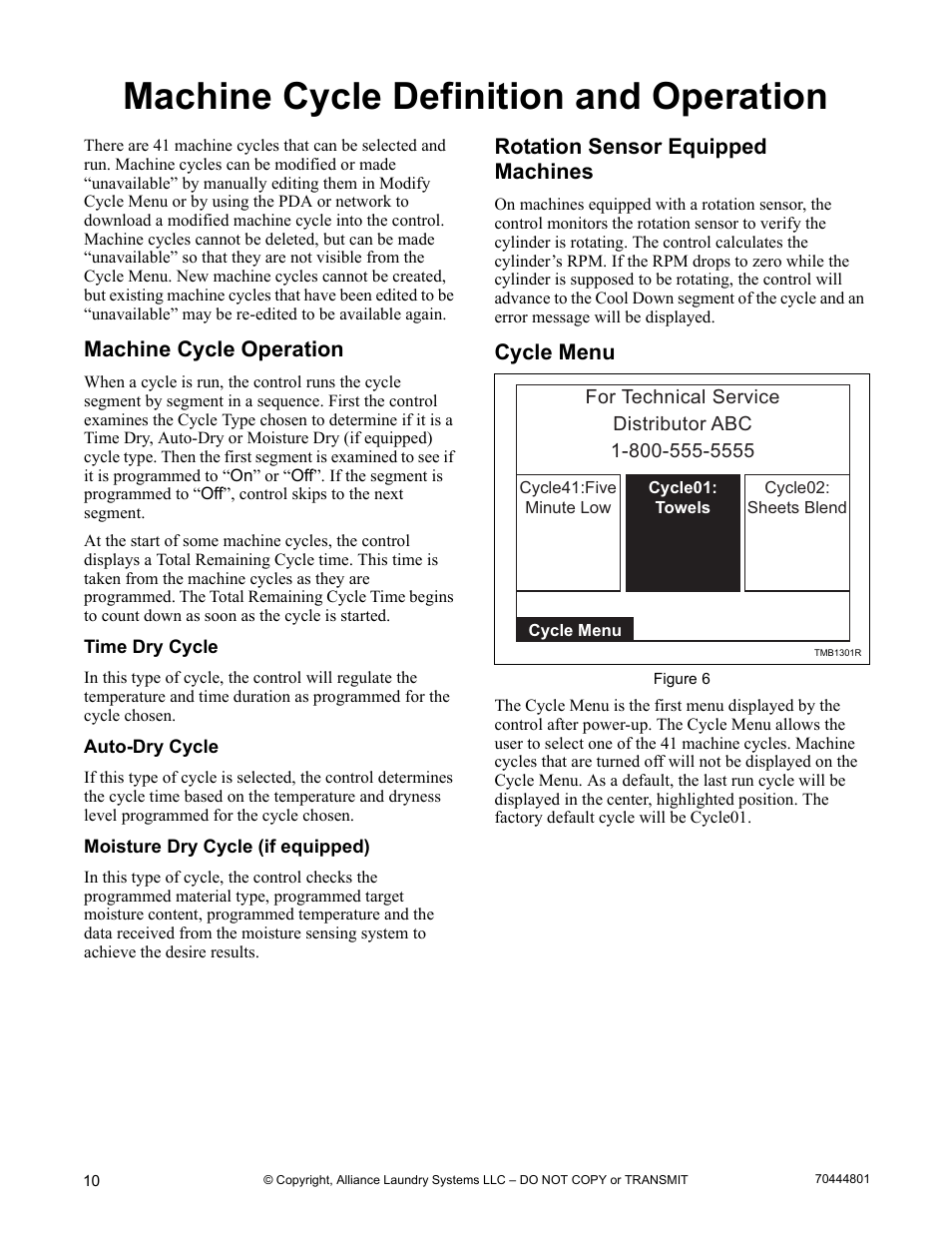 Machine cycle definition and operation, Machine cycle operation, Rotation sensor equipped machines cycle menu | Rotation sensor equipped machines, Cycle menu | Alliance Laundry Systems TMB1276C User Manual | Page 12 / 48