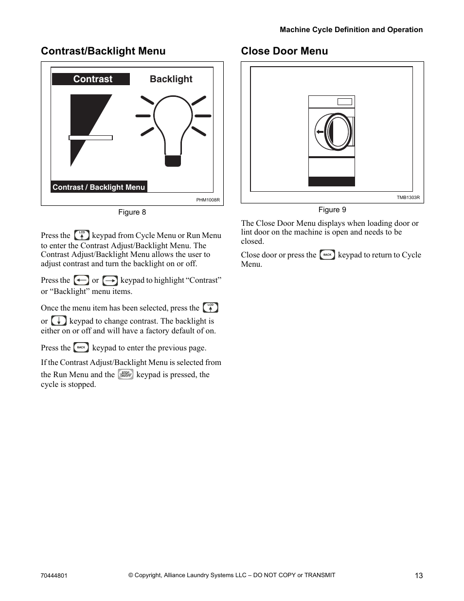 Contrast/backlight menu close door menu, Contrast/backlight menu, Close door menu | Alliance Laundry Systems TMB1276C User Manual | Page 15 / 48