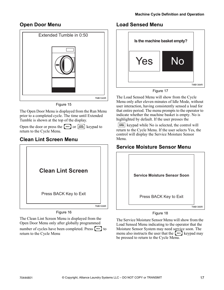 Service moisture sensor menu, No yes, Clean lint screen | Open door menu, Clean lint screen menu, Load sensed menu | Alliance Laundry Systems TMB1276C User Manual | Page 19 / 48