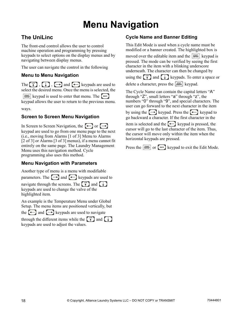 Menu navigation, The unilinc | Alliance Laundry Systems TMB1276C User Manual | Page 20 / 48