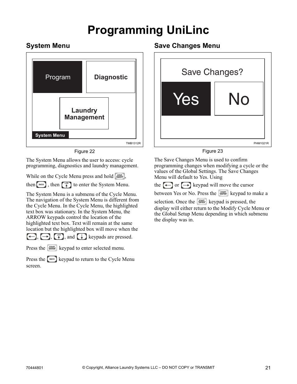 Programming unilinc, System menu save changes menu, No yes | Save changes | Alliance Laundry Systems TMB1276C User Manual | Page 23 / 48