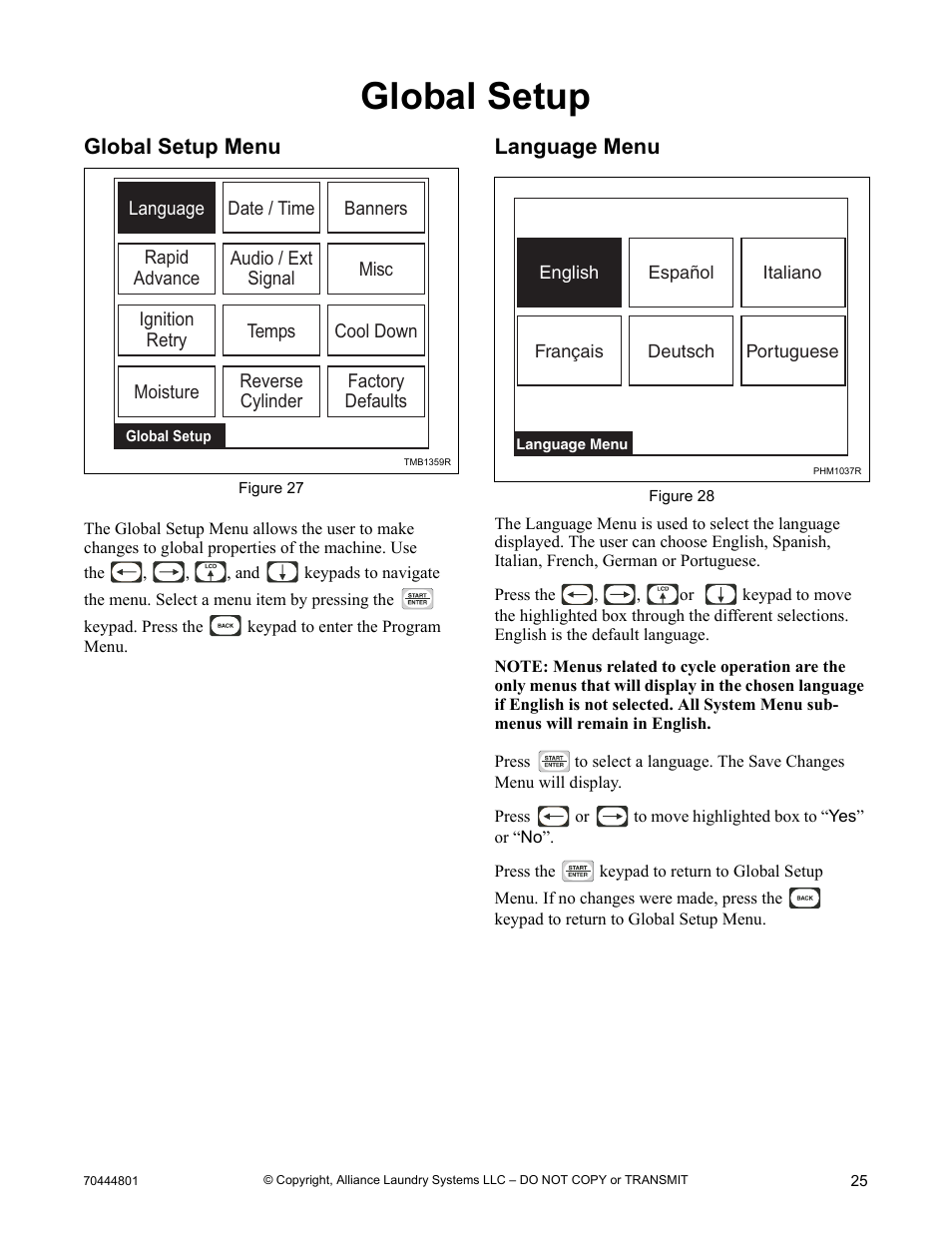 Global setup, Global setup menu language menu, Global setup menu | Language menu | Alliance Laundry Systems TMB1276C User Manual | Page 27 / 48