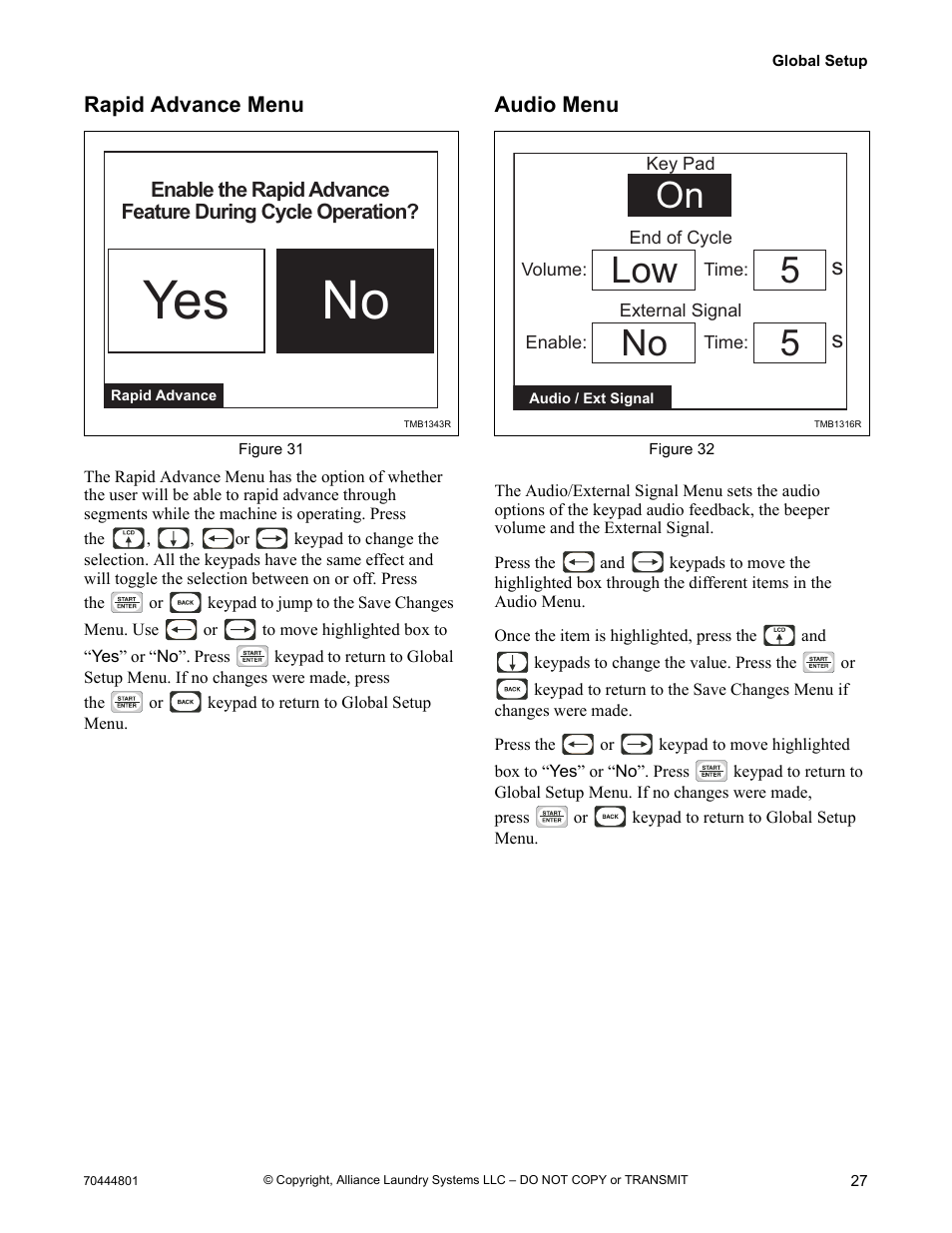 Rapid advance menu audio menu, No yes, On low | Alliance Laundry Systems TMB1276C User Manual | Page 29 / 48